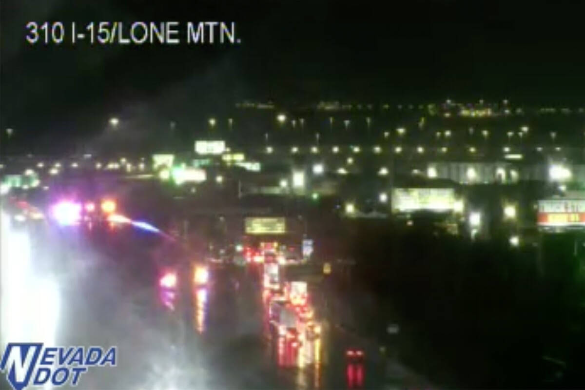 All northbound lanes are closed on Interstate 15 at Lamb Boulevard due to a crash involving a s ...