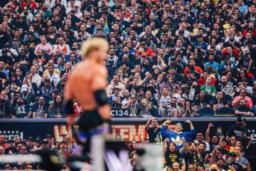 The crowd boos Logan Paul during WWE WrestleMania 41 at Allegiant Stadium Sunday, April 20, 202 ...
