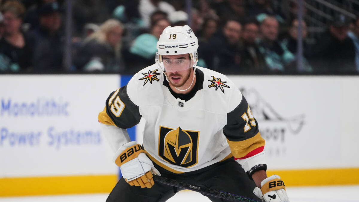 Vegas Golden Knights right wing Reilly Smith looks on against the Seattle Kraken during an NHL ...