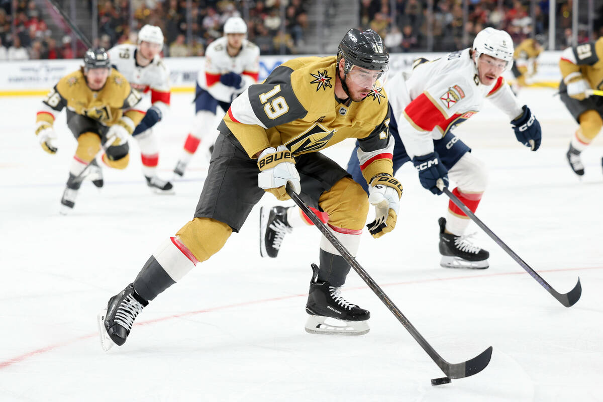 Vegas Golden Knights right wing Reilly Smith (19) skates against Florida Panthers defenseman Do ...