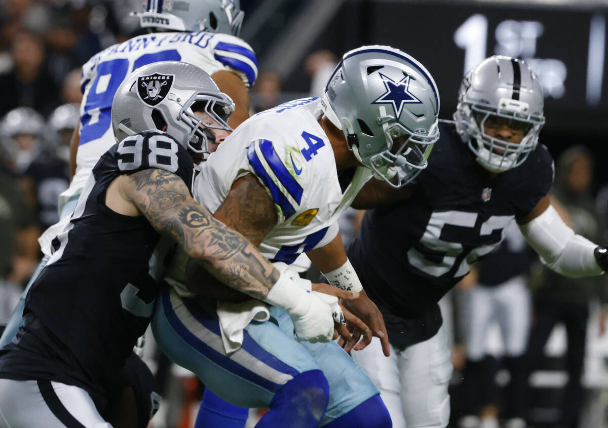 Raiders defensive end Maxx Crosby (98) sacks Dallas Cowboys quarterback Dak Prescott (4) forcin ...
