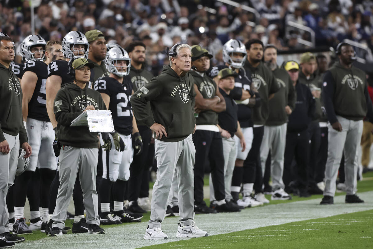 Raiders head coach Pete Carroll looks on during the first half of a ”Monday Night Footba ...