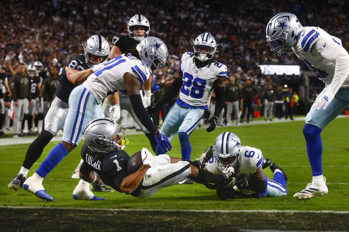 Raiders wide receiver Tre Tucker (1) scores a touchdown under pressure from Dallas Cowboys safe ...