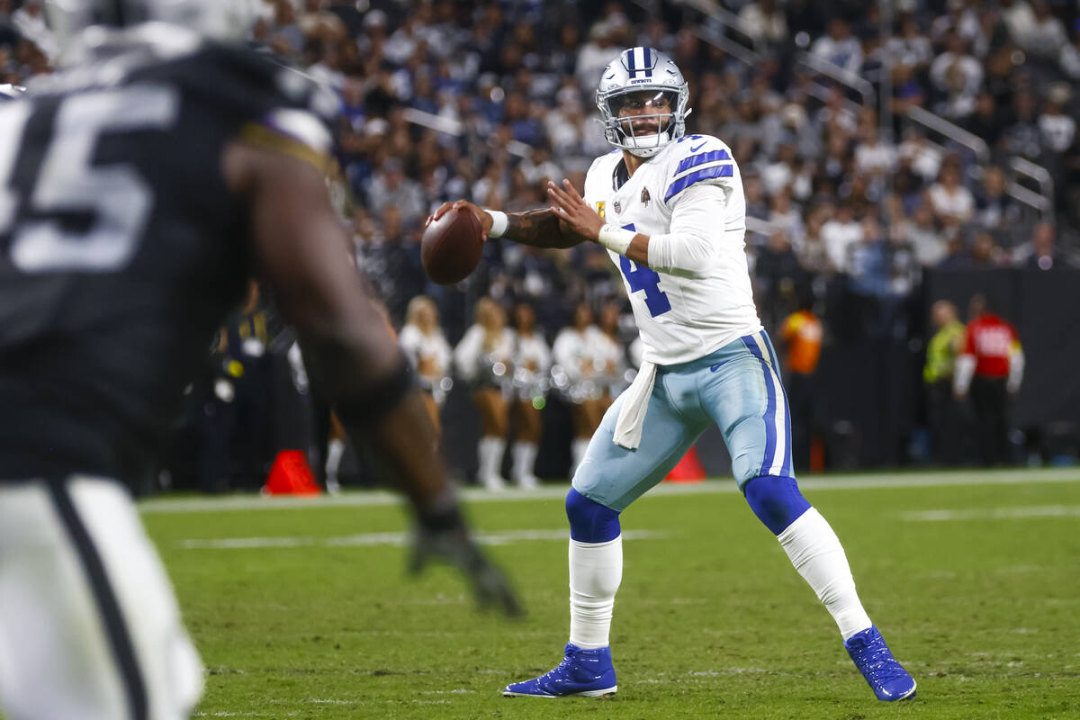 Dallas Cowboys quarterback Dak Prescott (4) looks to pass the ball during the second half of a ...