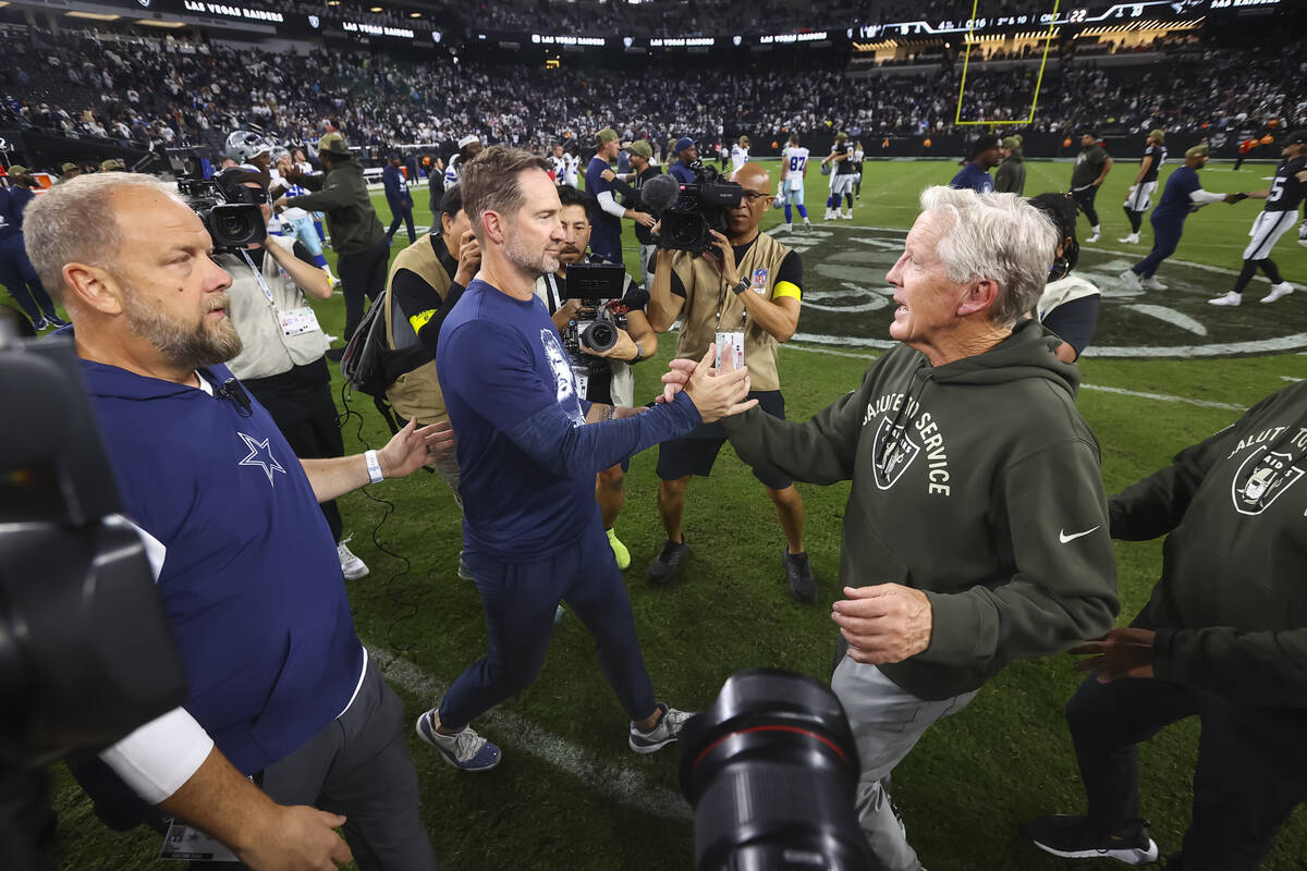 Raiders head coach Pete Carroll, right, greets Dallas Cowboys head coach Brian Schottenheimer f ...