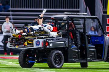 Utah State Aggies safety Titan Saxton (23) lifts a fist into the air as fans cheer, he injured ...