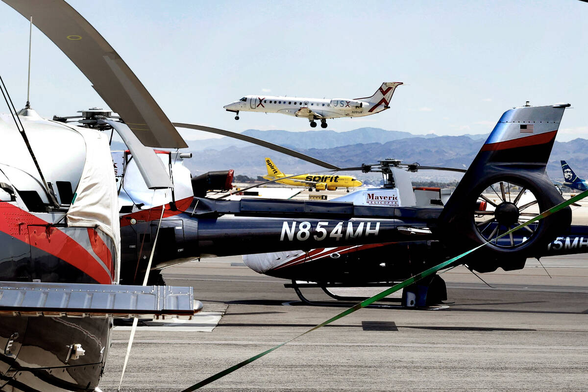 A private jet lands at Harry Reid International Airport on Monday, April 28, 2025, in Las Vegas ...