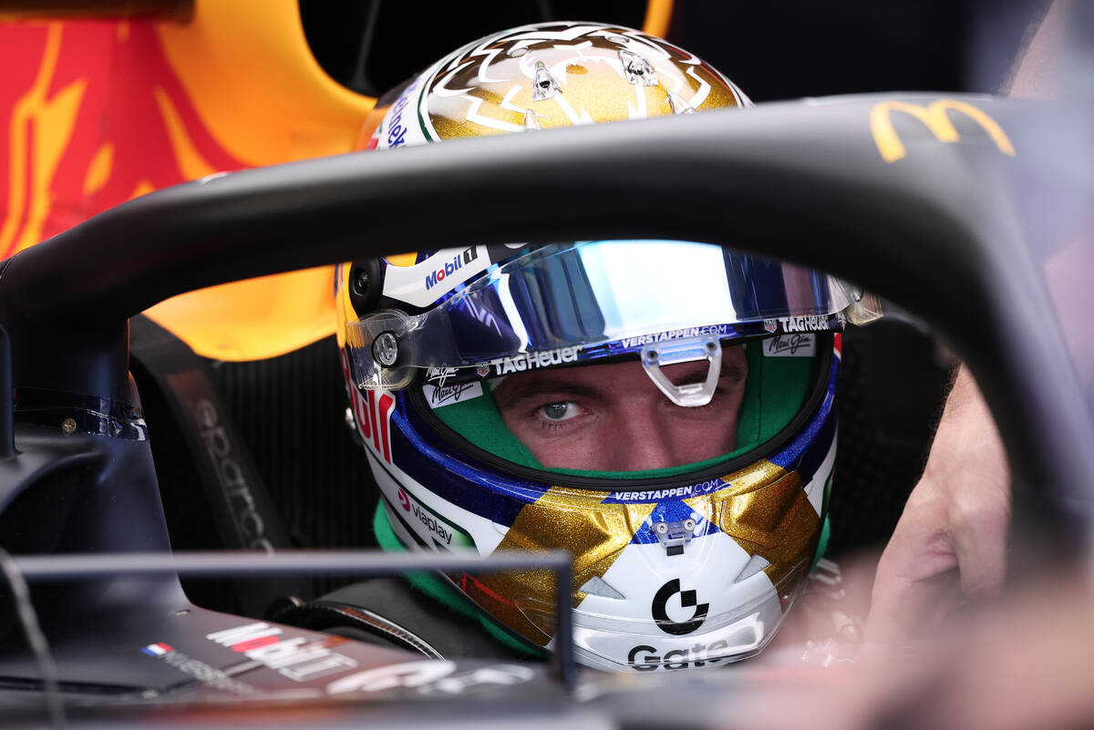 Red Bull driver Max Verstappen of the Netherlands prepares for a practice session for the Brazi ...