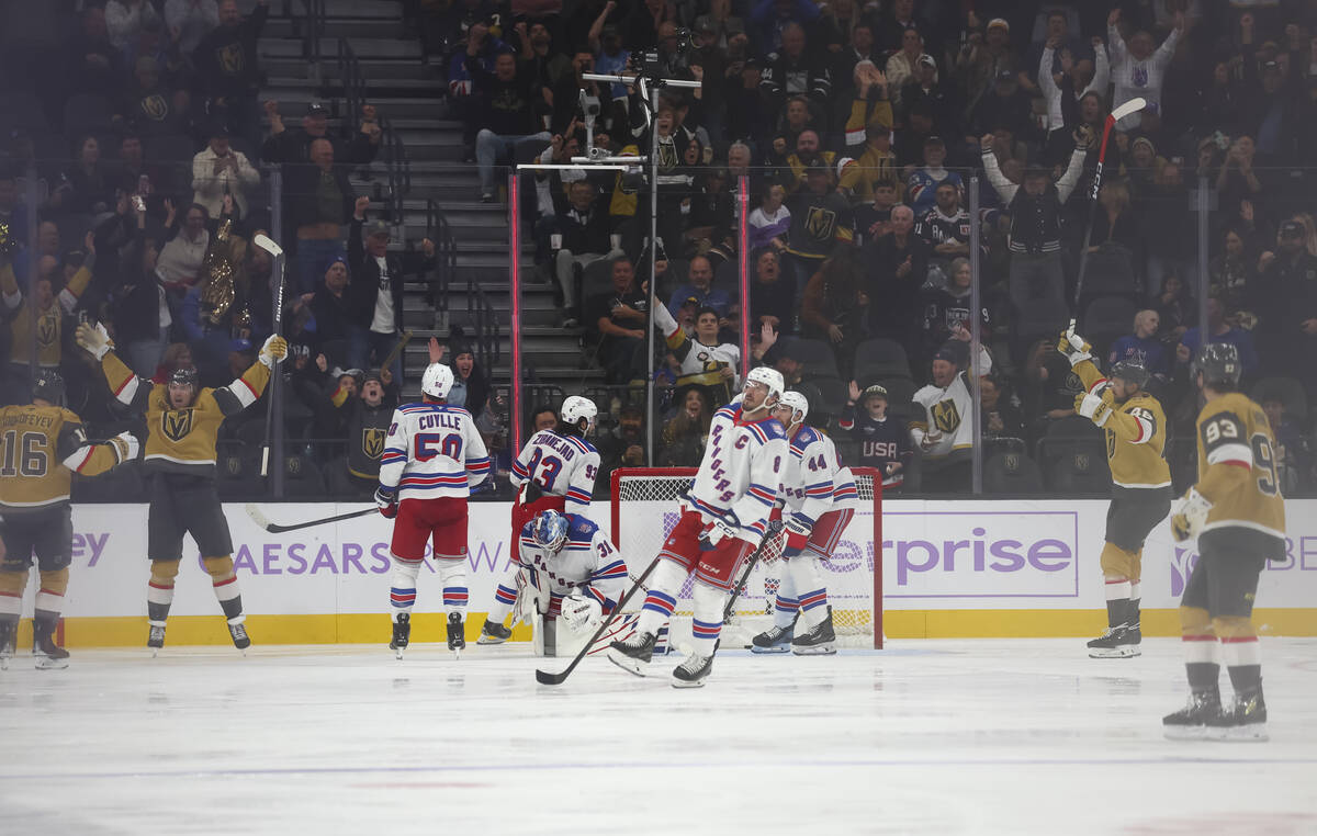 The Golden Knights score against the New York Rangers during the second period of an NHL hockey ...
