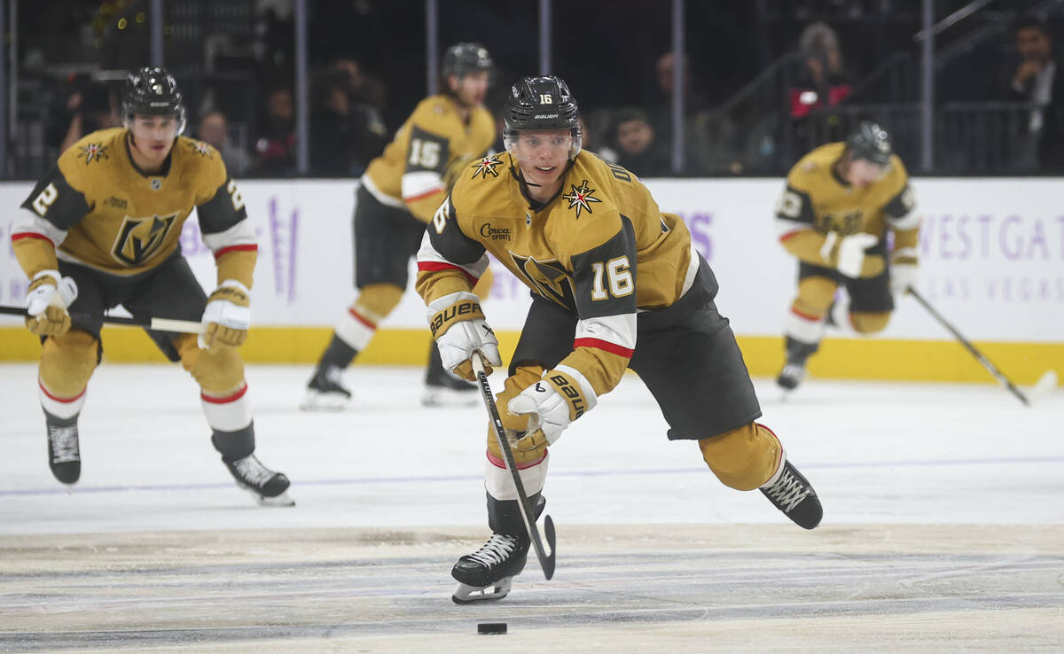 Golden Knights right wing Pavel Dorofeyev (16) skates with the puck during the third period of ...