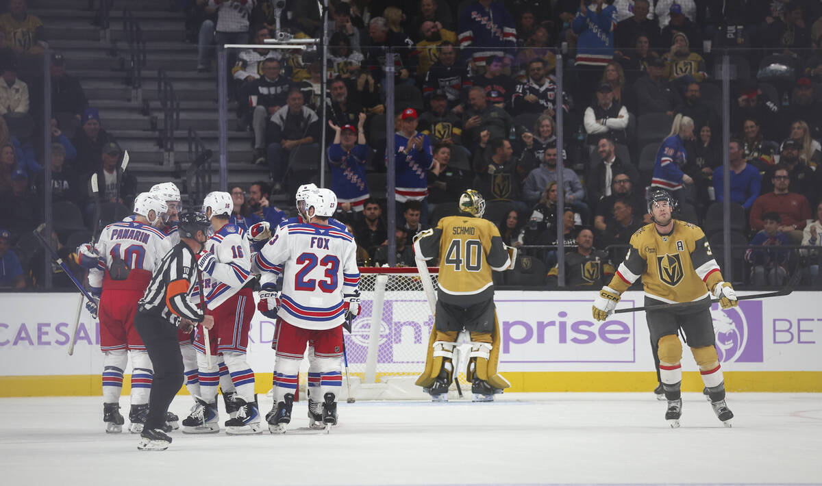 The New York Rangers score against the Golden Knights during the third period of an NHL hockey ...