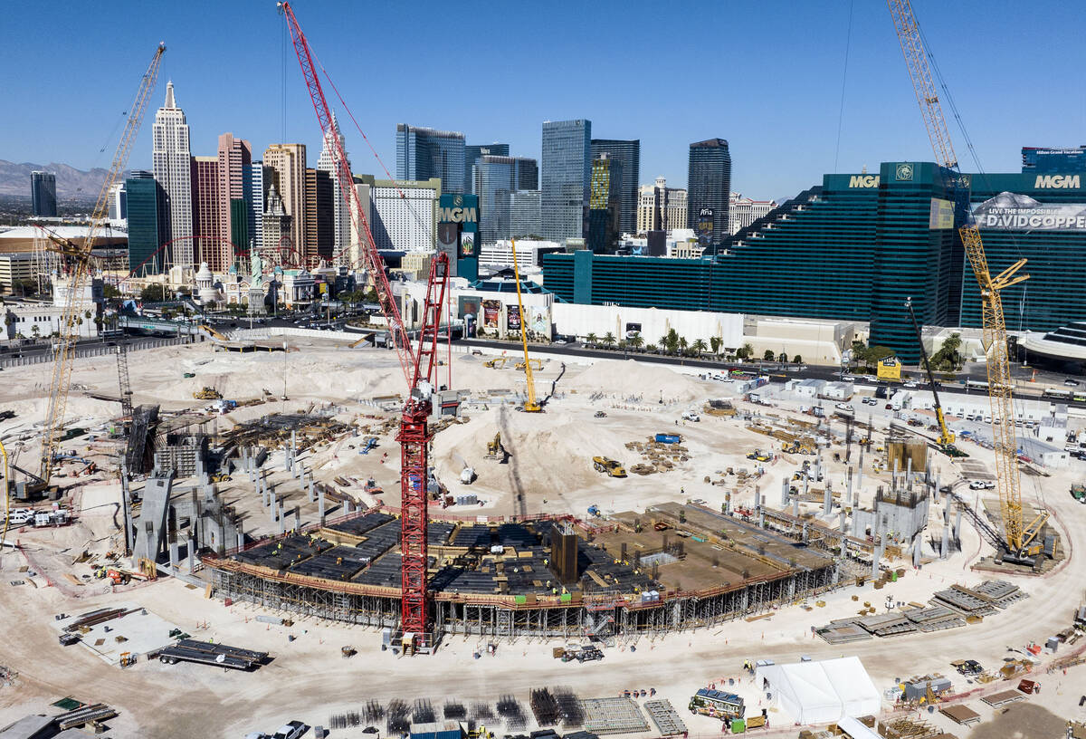 Construction is underway for the new Las Vegas Athletics $1.75 billion Strip ballpark at the si ...