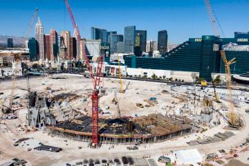 Construction is underway for the new Las Vegas Athletics $1.75 billion Strip ballpark at the si ...