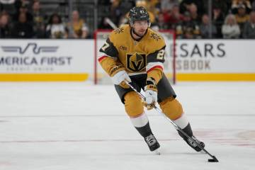 Vegas Golden Knights defenseman Shea Theodore (27) plays against the Los Angeles Kings during a ...