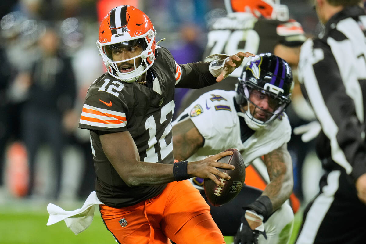 Cleveland Browns quarterback Shedeur Sanders (12) in the second half of an NFL football game ag ...
