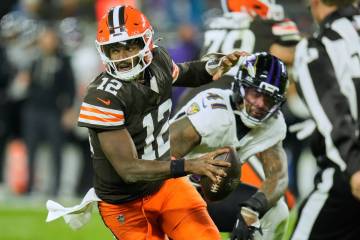 Cleveland Browns quarterback Shedeur Sanders (12) in the second half of an NFL football game ag ...