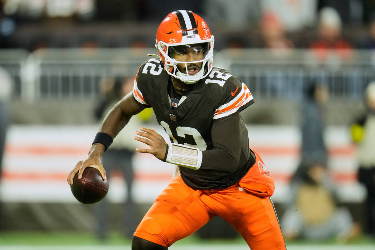 Cleveland Browns quarterback Shedeur Sanders (12) in the second half of an NFL football game ag ...