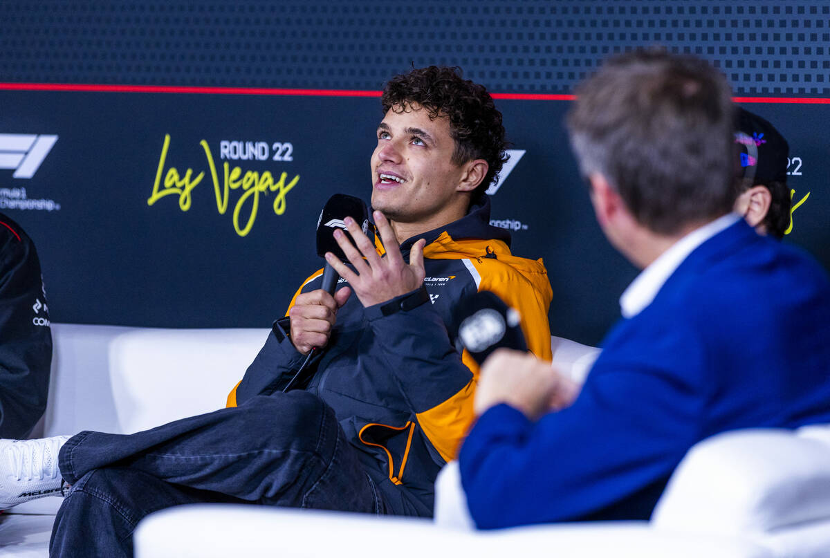 McLaren F1 Team driver Lando Norris answers a question during a press conference at the Las Veg ...