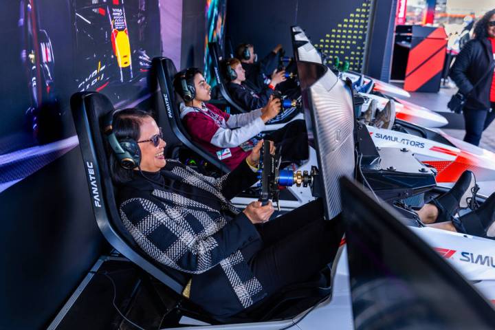Clark County School District Superintendent Jhone Ebert grins while sitting behind the wheel of ...