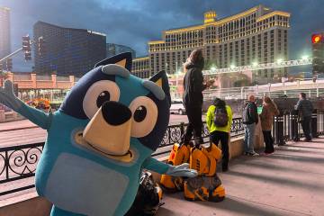 Daniel Reinhart, 30, of Las Vegas, was dressed up as Bluey on the Las Vegas Strip on Thursday, ...