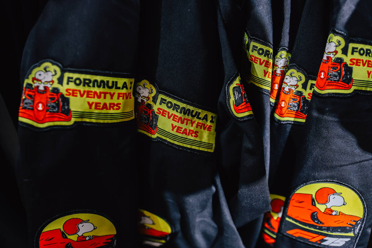 Peanuts x Formula One merch is seen inside of the F1 hub at the Venetian Friday, Nov. 21, 2025, ...