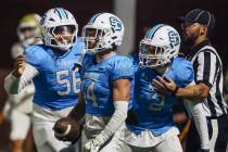 Sloan Canyon wide receiver Christian Rhodes celebrates a touchdown during a high school footbal ...