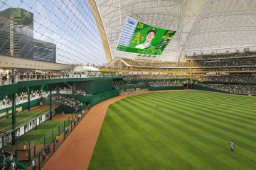An artist rendering of the Athletics' planned Las Vegas ballpark shown during a March 6, 2025, ...