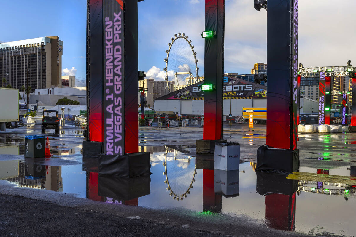 Water pools about the Koval Zone after a rainstorm passes through the area at the Las Vegas Gra ...