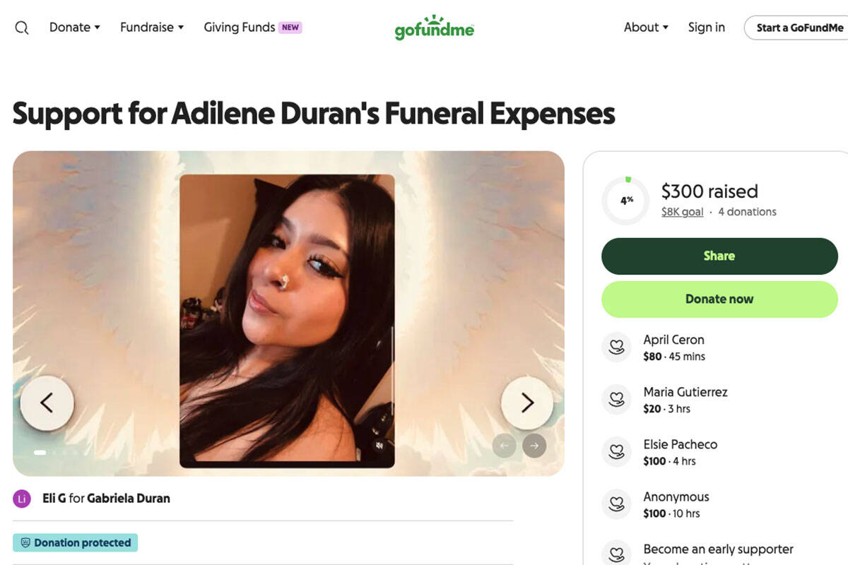 A GoFundMe page for Adilene Duran is seen in a screenshot. (GoFundMe)