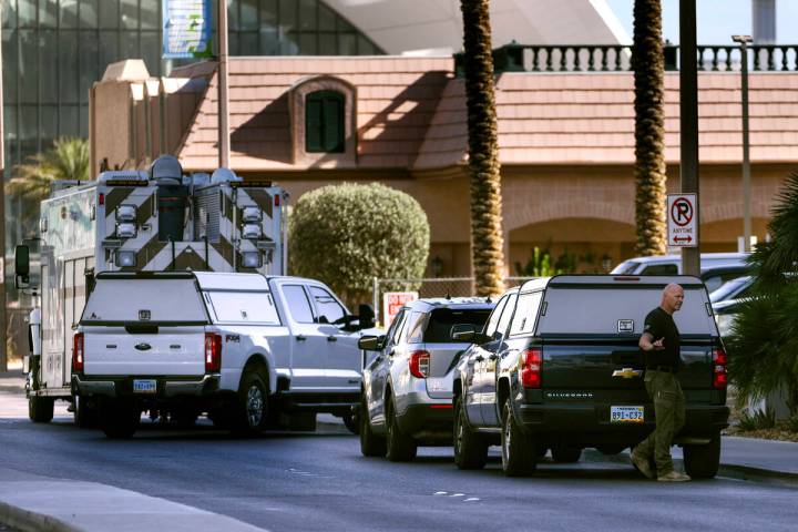 Las Vegas police investigate the area around Piero’s restaurant after an explosive devic ...