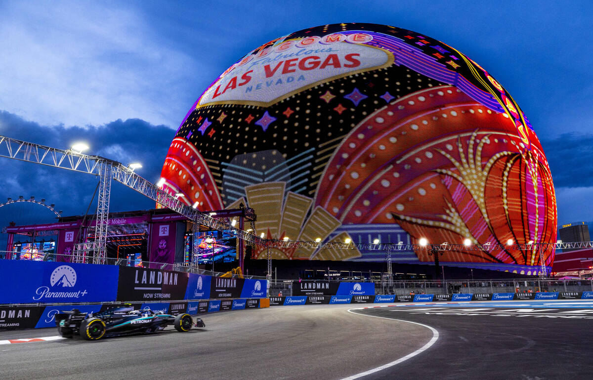 Mercedes driver George Russell (63) approaches the Sphere during the first practice round at th ...