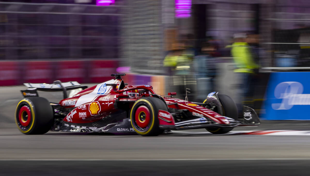 Ferrari driver Charles Leclerc (16) heads into the curves about the Sphere during the first pra ...