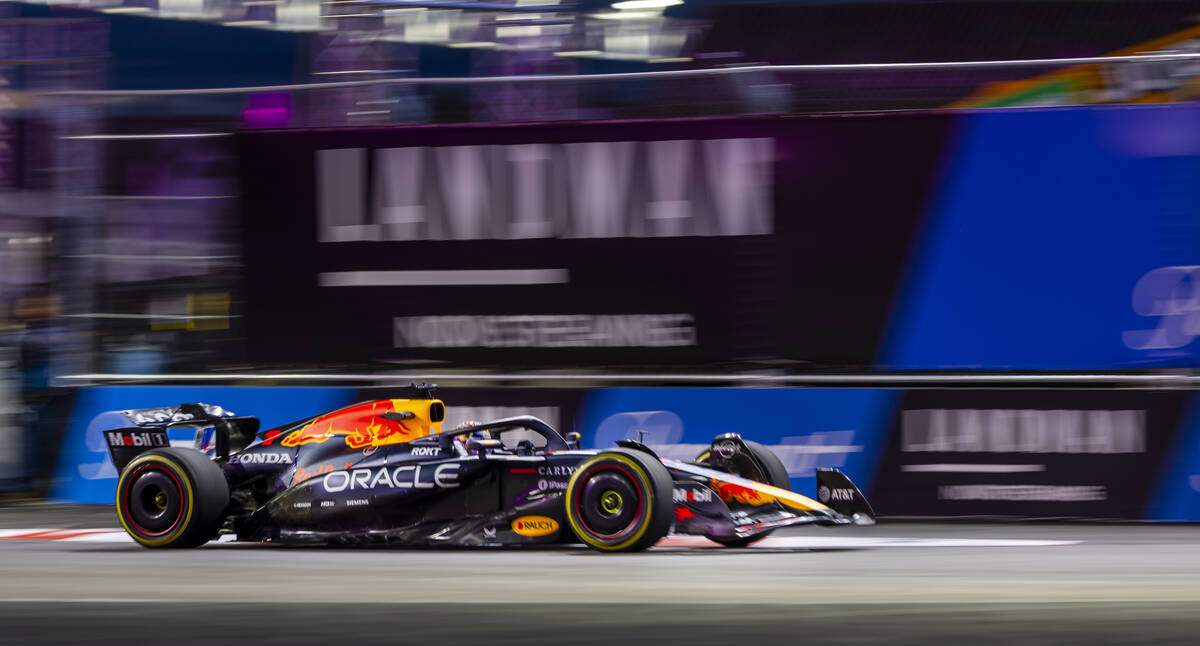 Red Bull driver Max Verstappen (1) heads into the curves about the Sphere during the first prac ...