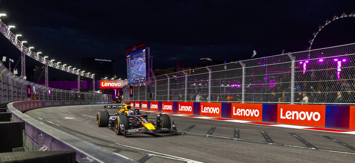 Red Bull driver Max Verstappen (1) heads into the curves about the Sphere during the first prac ...