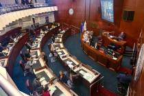 Senators gather before a floor meeting during the special session of the Nevada Legislature ear ...