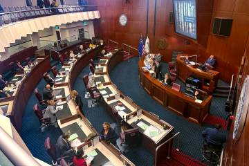 Senators gather before a floor meeting during the special session of the Nevada Legislature ear ...