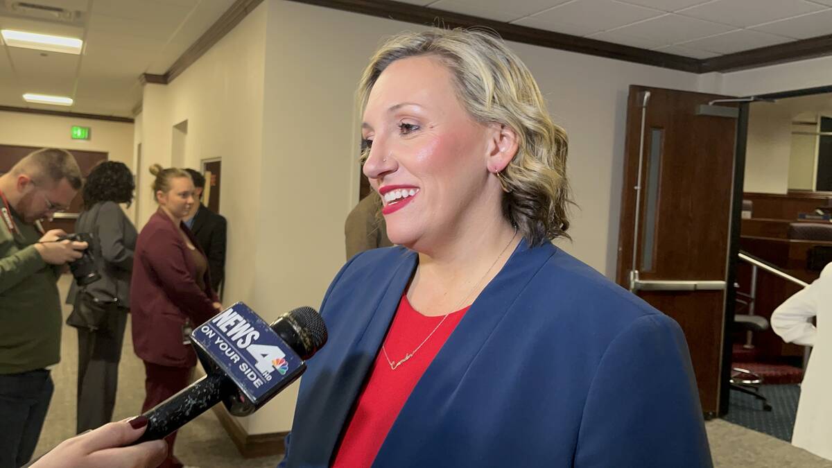 Senate Majority Leader Nicole Cannizzaro speaks after the end of the Nevada Legislature's speci ...