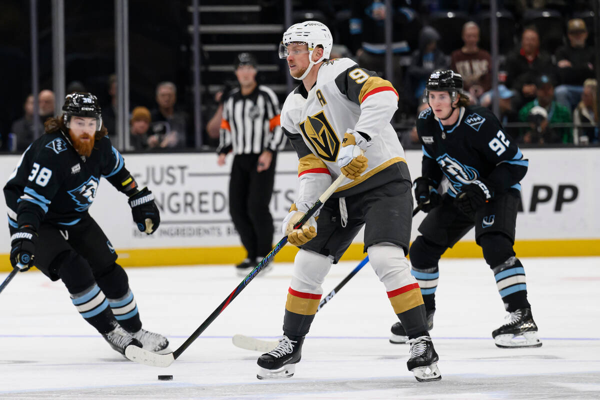 Vegas Golden Knights center Jack Eichel (9) skates with the puck during the third period of an ...