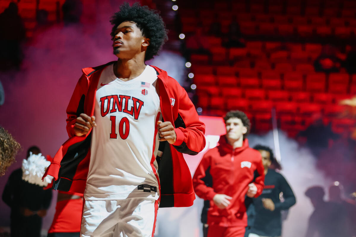 UNLV forward Jacob Bannarbie (10) runs out before the first half of the game on Thursday, Nov. ...
