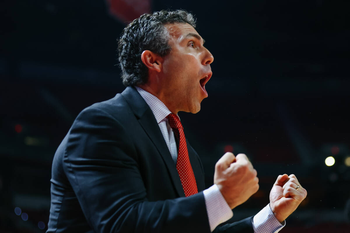 UNLV head coach Josh Pastner yells at UNLV center Emmanuel Stephen (34) (not pictured) during t ...