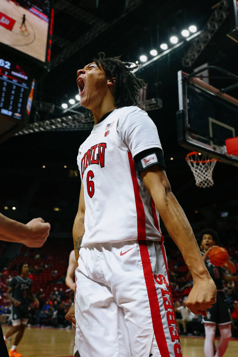 UNLV forward Tyrin Jones (6) celebrates a dunk during the second half of the game on Thursday, ...