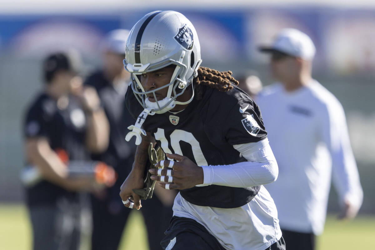 Raiders wide receiver Dont'E Thornton Jr. (10) jogs during the team’s practice at t ...