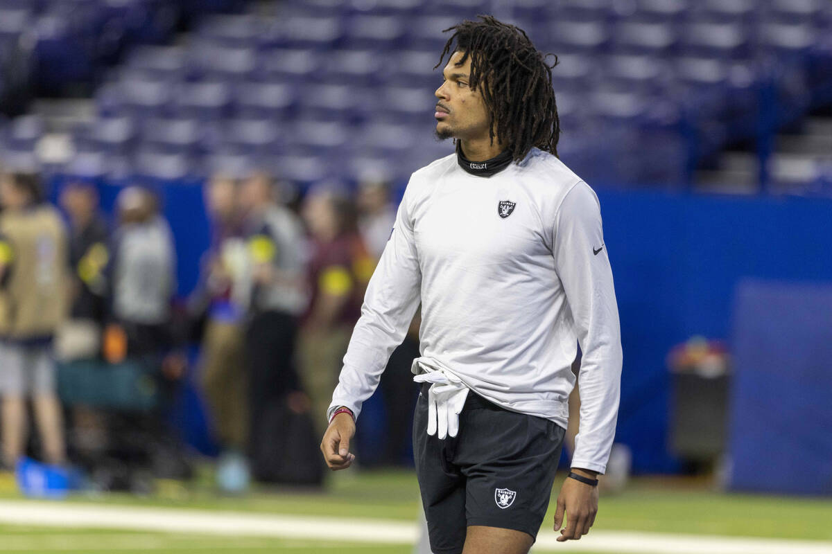 Raiders cornerback Darien Porter warms up before an NFL game against the Indianapolis Colts at ...