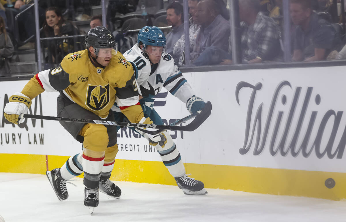 Golden Knights defenseman Brayden McNabb (3) and San Jose Sharks center Ty Dellandrea (10) chas ...