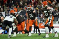 Cleveland Browns quarterback Shedeur Sanders (12) lines up for a play during an NFL football ga ...