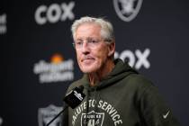 Las Vegas Raiders head coach Pete Carroll pauses before answering a question during a news conf ...