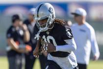 Raiders wide receiver Dont'E Thornton Jr. (10) jogs during the team’s practice at t ...