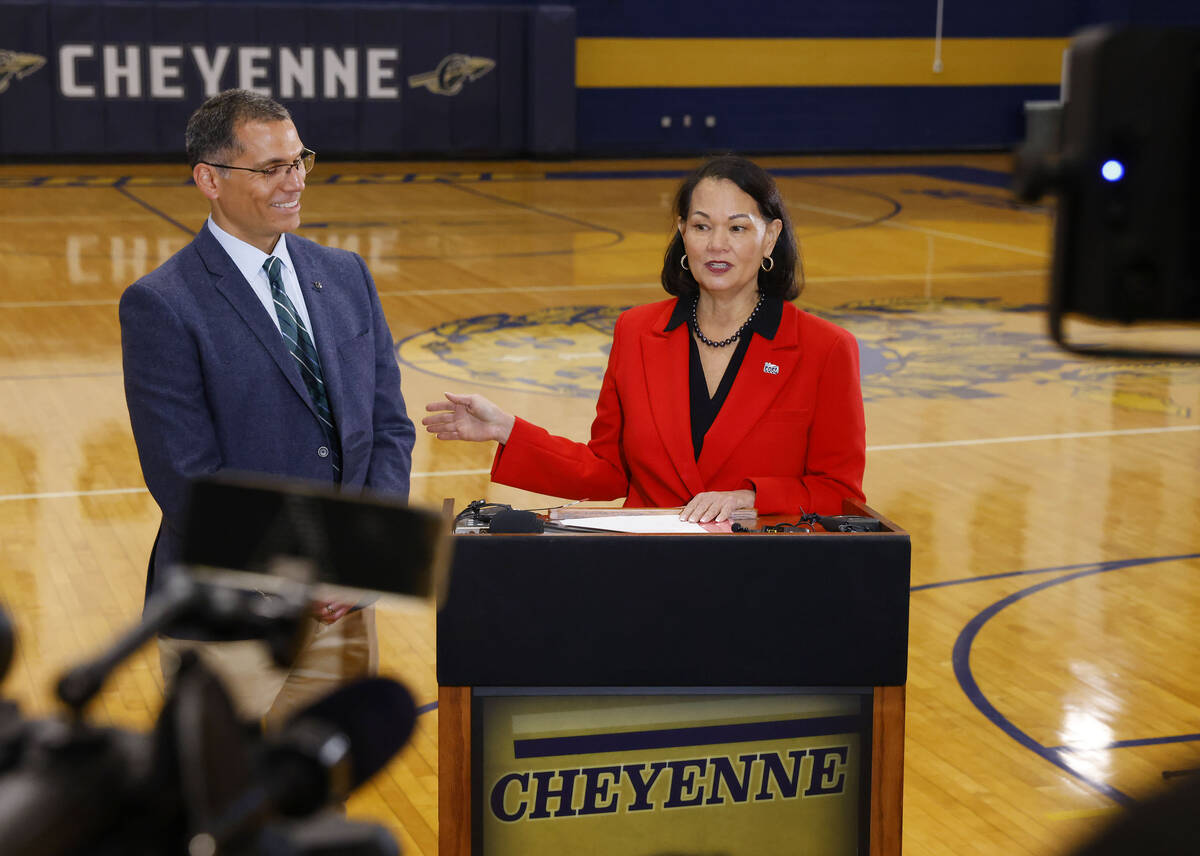 Cheyenne High School Principal Anthony Nunez, left, listens as Superintendent Jhone Ebert discu ...