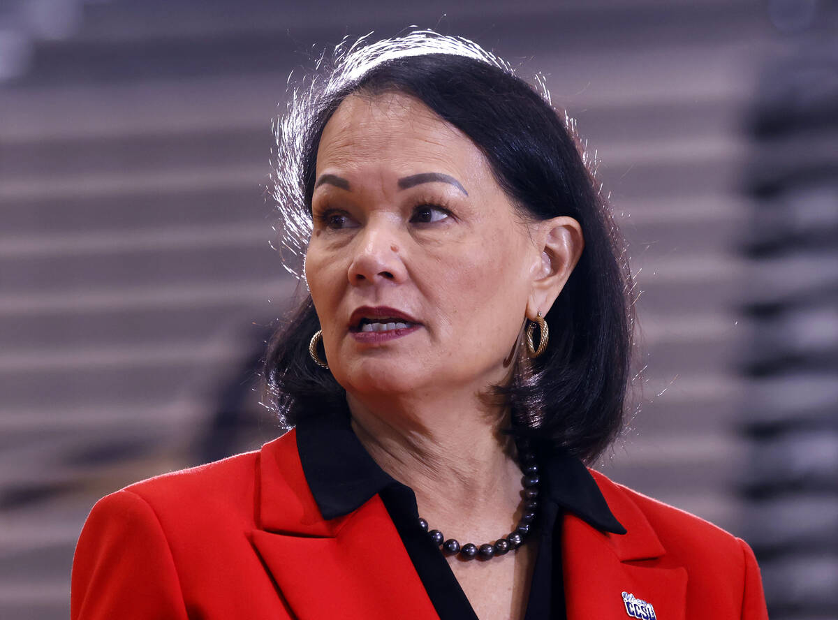 Superintendent Jhone Ebert discusses graduation rates during a press conference at Cheyenne Hig ...