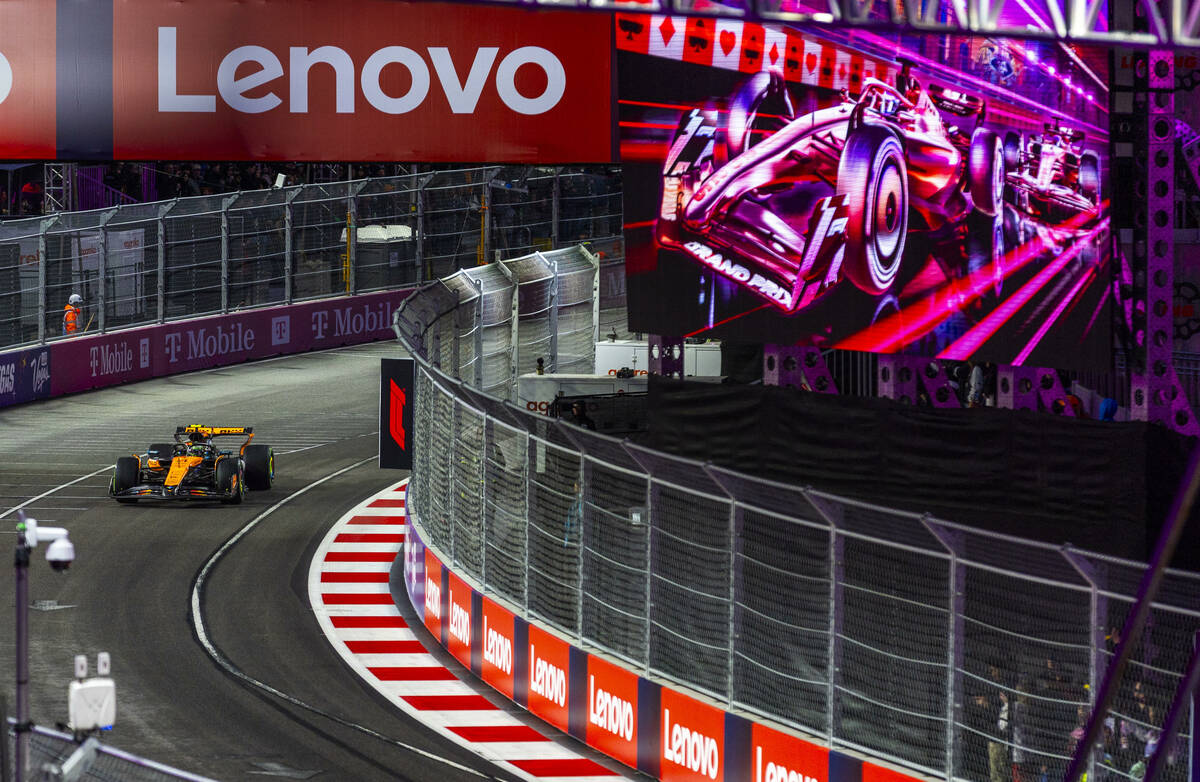 McLaren driver Lando Norris approaches the Sphere for practice 3 at the Las Vegas Grand Prix on ...